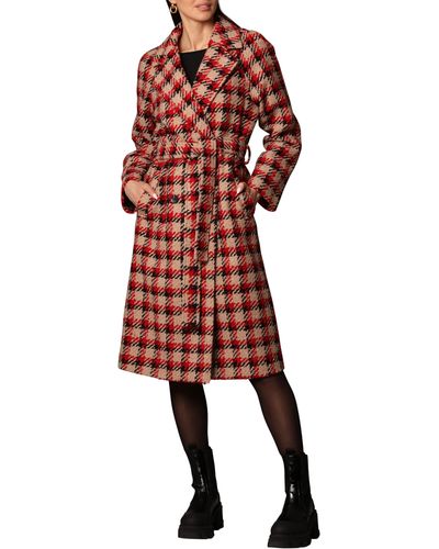 Avec Les Filles Belted Plaid Double Breasted Longline Coat - Red