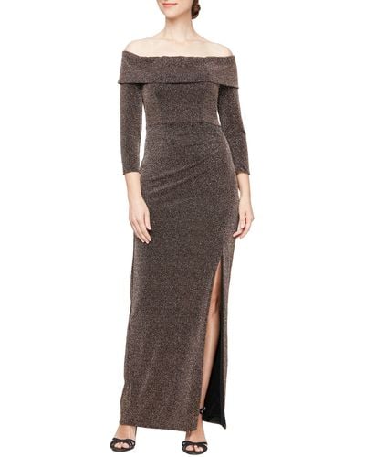 Alex Evenings Metallic Off The Shoulder Knit Sheath Gown - Brown