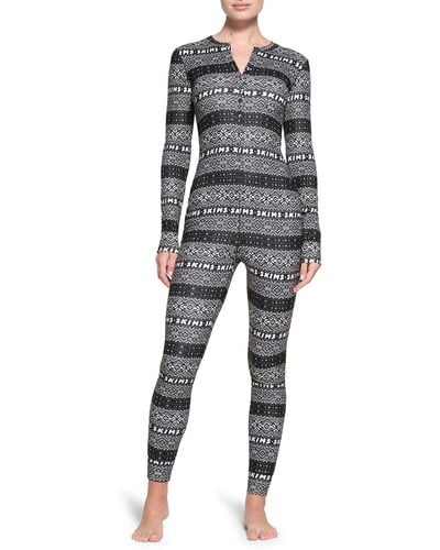 Skims Plush Pointelle Henley Pajama Jumpsuit - Gray