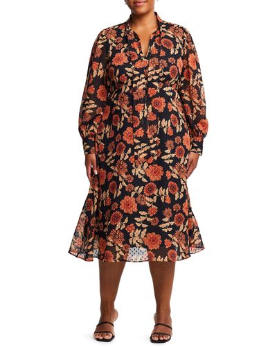 Estelle Autumnal Garden Long Sleeve Midi Dress - Multicolor