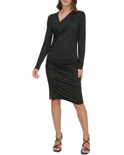 DKNY Asymmetric Neck Long Sleeve Body-con Dress - Black