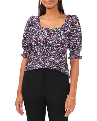 Chaus Floral Square Neck Smocked Sleeve Blouse - Blue