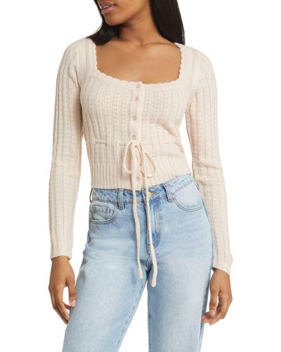 All In Favor Drawstring Square Neck Cardigan In At Nordstrom, Size X-large - Natural