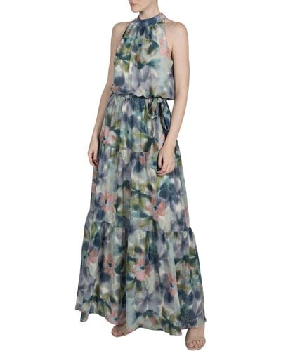 Julia Jordan Watercolor Floral Crinkle Maxi Dress - Green