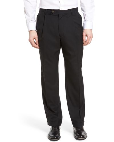 Berle Lightweight Plain Weave Pleated Classic Fit Pants - Black