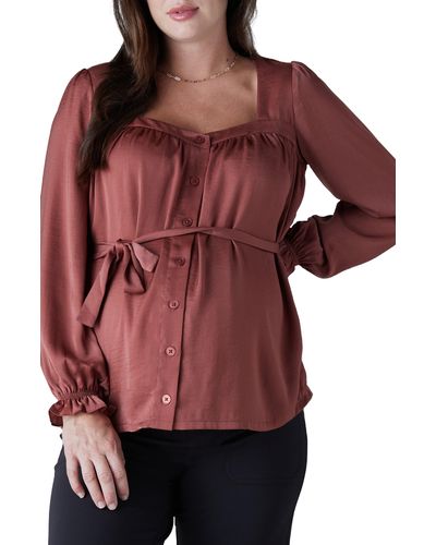 Ingrid & Isabel Belted Button Front Long Sleeve Maternity Blouse - Red
