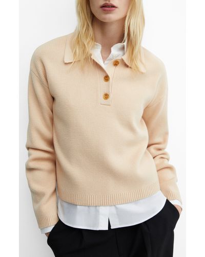 Mango Long Sleeve Rib Polo Sweater - Natural