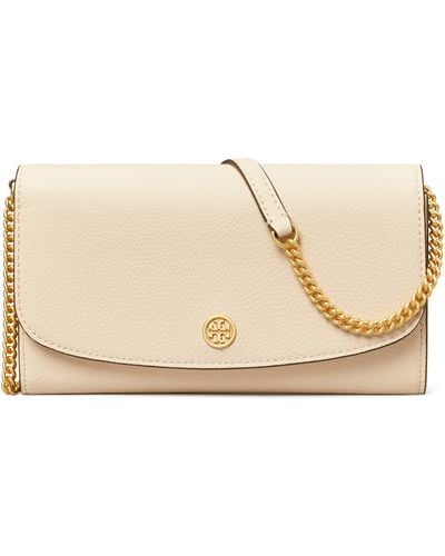 Tory Burch Robinson Leather Wallet On A Chain - Natural