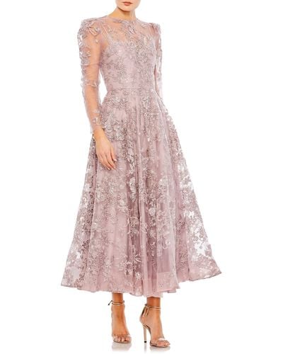Mac Duggal Sequin Floral Long Sleeve Tulle Midi Dress - Pink