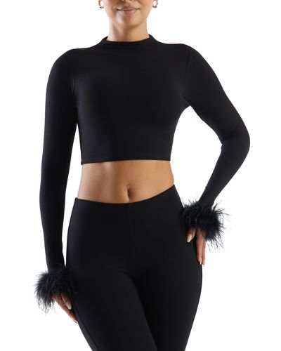 Naked Wardrobe Fly As A Feather Long Sleeve Crop Top - Black