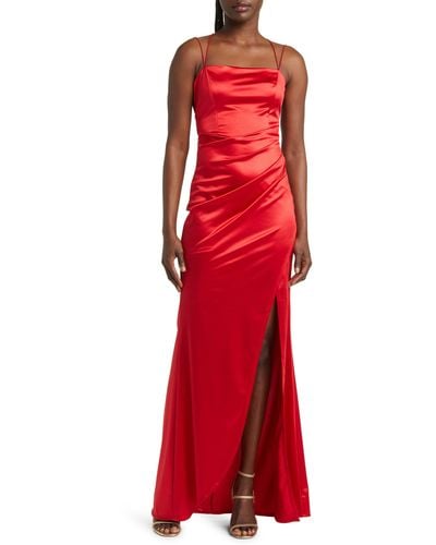 Emerald Sundae Ruched Crossback Satin Gown - Red
