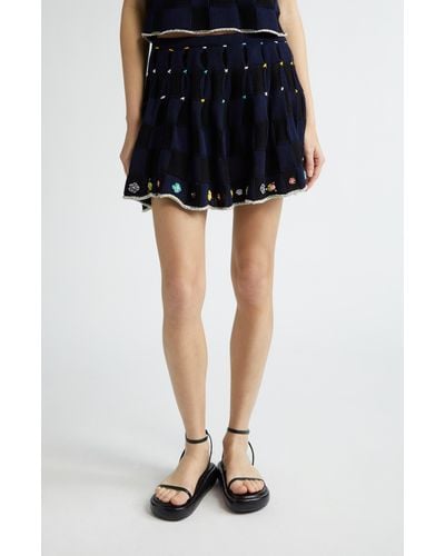 YANYAN Checkerboard Embroidered Knit Miniskirt - Blue