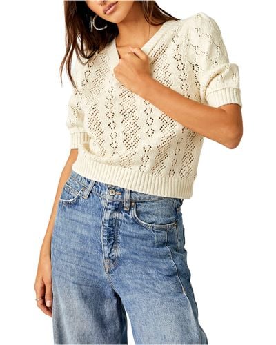 Free People Eloise Open Stitch Puff Shoulder Sweater - White