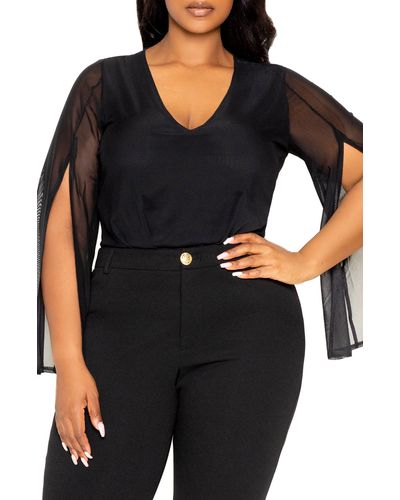 Buxom Couture Mesh Long Sleeve Bodysuit - Black