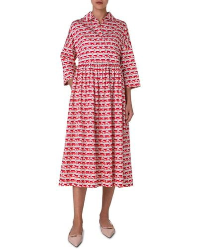 Akris Punto Flamingo Dot Print Long Sleeve Cotton Midi Dress - Red