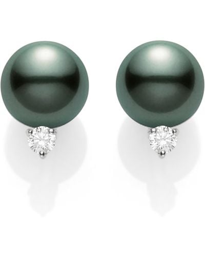 Mikimoto Black South Sea Pearl & Diamond Stud Earrings - Green