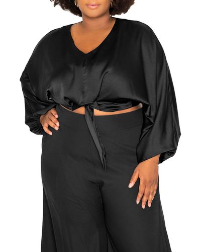 Buxom Couture Tie Front Long Sleeve Satin Blouse - Black
