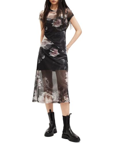 AllSaints Hanna Valley Floral Mesh Midi Dress - Black