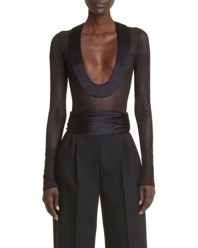 LAQUAN SMITH Semisheer Scoop Neck Long Sleeve Satin Trim Bodysuit - Black