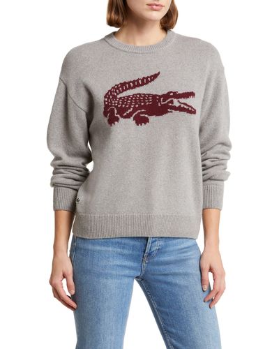 Lacoste Big Croc Cashmere & Wool Crewneck Sweater - Gray