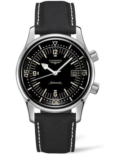 Longines Legend Diver Automatic Leather Strap Watch - Black