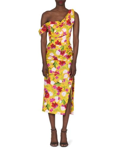 Carolina Herrera Floral Print Ruched One Shoulder Cotton Dress - Multicolor