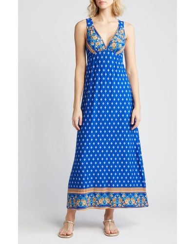 Loveappella Border Print Sleeveless Jersey Maxi Dress - Blue