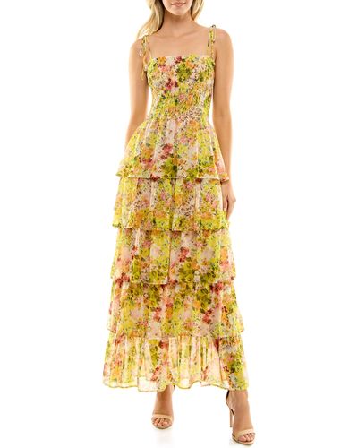 Socialite Floral Print Smocked Tiered Maxi Dress - Yellow