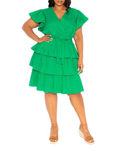 Buxom Couture Ruffle Short Sleeve Tiered Dress - Green