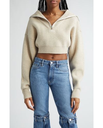Coperni Half Zip Boxy Wool Crop Sweater - Natural