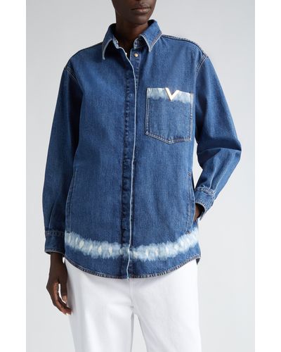 Valentino Garavani Logo Detail Bleached Stripe Denim Shirt Jacket - Blue