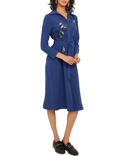 Misook Floral Embroidered Long Sleeve Shirtdress - Blue