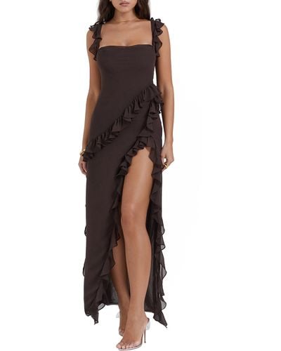 House Of Cb Ariela Ruffle Side Slit Gown - Brown