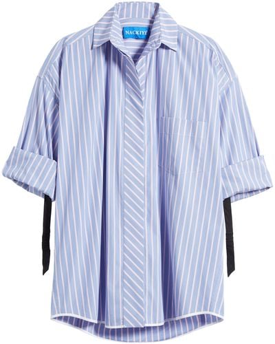 Nackiyé Nackiyè Breakfast Club Stripe Oversize Cotton Button-up Shirt - Blue