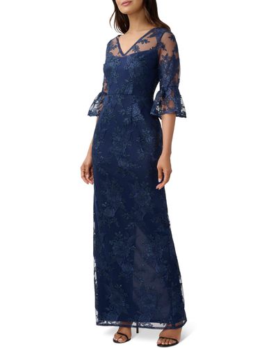 Adrianna Papell Sequin Floral Embroidered Gown - Blue