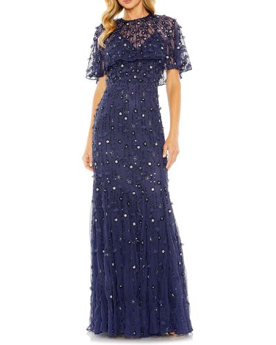 Mac Duggal Beaded Floral Appliqué Tulle Capelet Gown - Blue