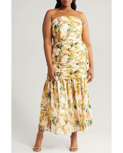 Chelsea28 Floral Print Ruched Maxi Dress - Yellow