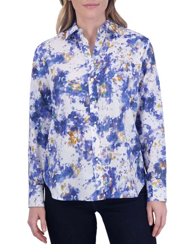 Foxcroft Meghan Abstract Floral Cotton Button-up Shirt - Blue