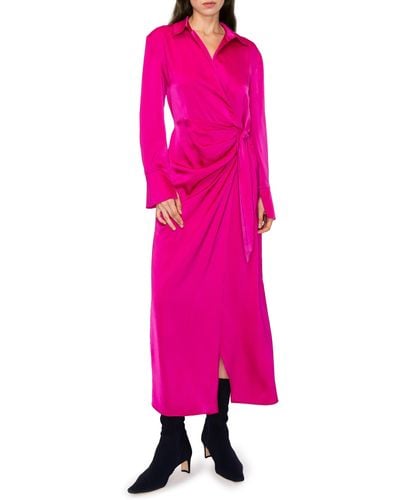 MELLODAY Long Sleeve Faux Wrap Satin Shirtdress - Pink