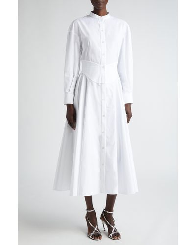Alexander McQueen Long Sleeve Cotton Poplin Midi Shirtdress - White