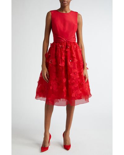 Carolina Herrera Floral Appliqué Sleeveless Silk Dress - Red