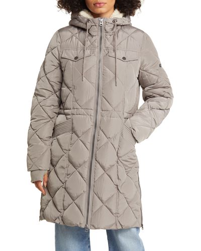 Lucky Brand Quilted Hooded Coat - Gray