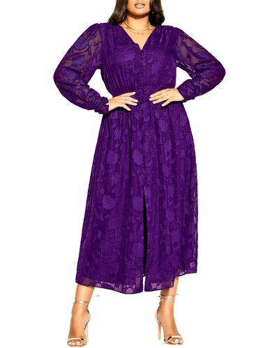 City Chic Sweet Sass Long Sleeve Burnout Chiffon A-line Dress - Purple