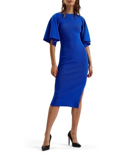 Ted Baker Lounia Fluted Sleeve Body-con Sweater Dress - Blue