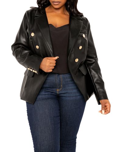 Buxom Couture Faux Leather Double Breasted Blazer - Black