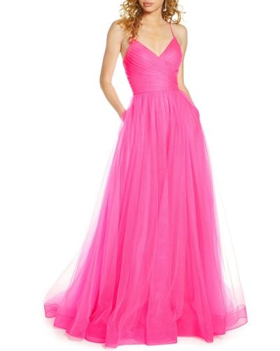 La Femme Neon Light Tulle Gown - Pink