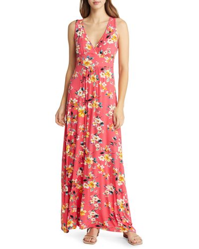 Loveappella Floral Print Sleeveless Jersey Maxi Dress - Red