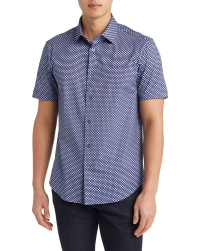 Bugatchi Miles Ooohcotton Dot Geo Print Short Sleeve Button-up Shirt - Blue