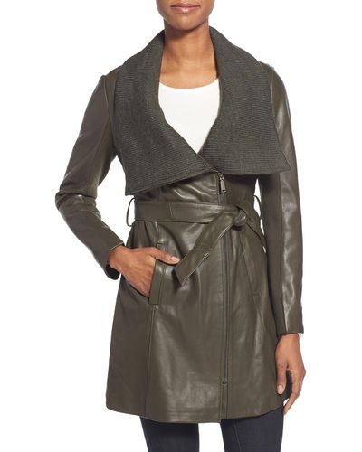 Tahari 'alexandra' Knit Collar Belted Leather Coat - Gray