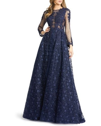 Mac Duggal Embellished Lace Long Sleeve Ball Gown - Blue